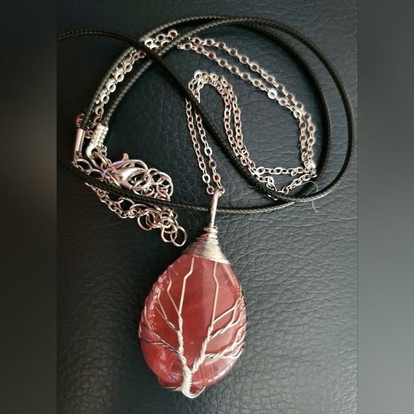 None Jewelry - Red Rose Quartz Pendant Necklace With Interchanable Chains